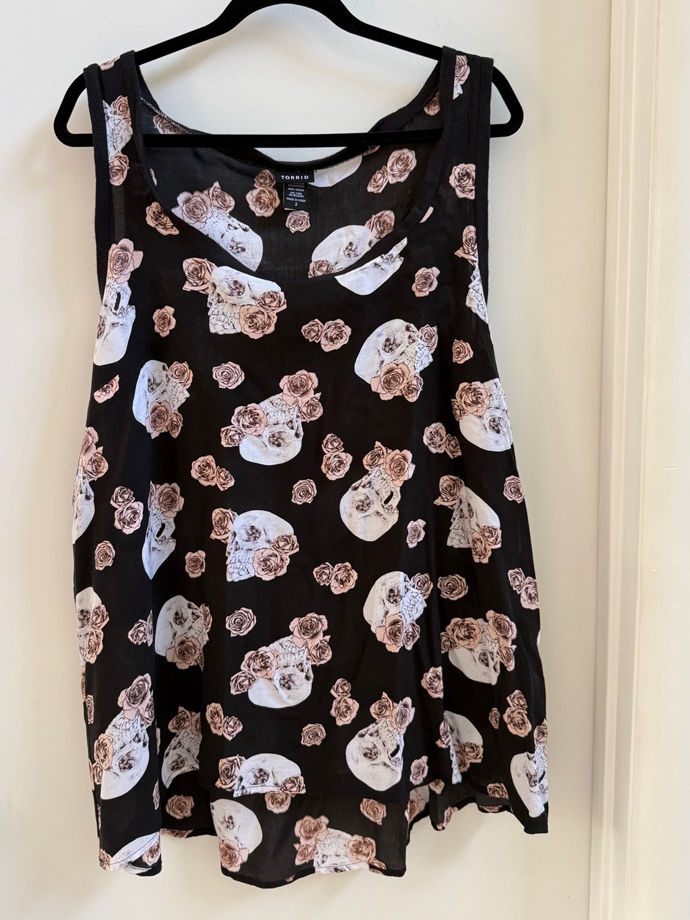 torrid Black Tank Top with Pale Pink Rose & Skull Print - Picture 3 of 4